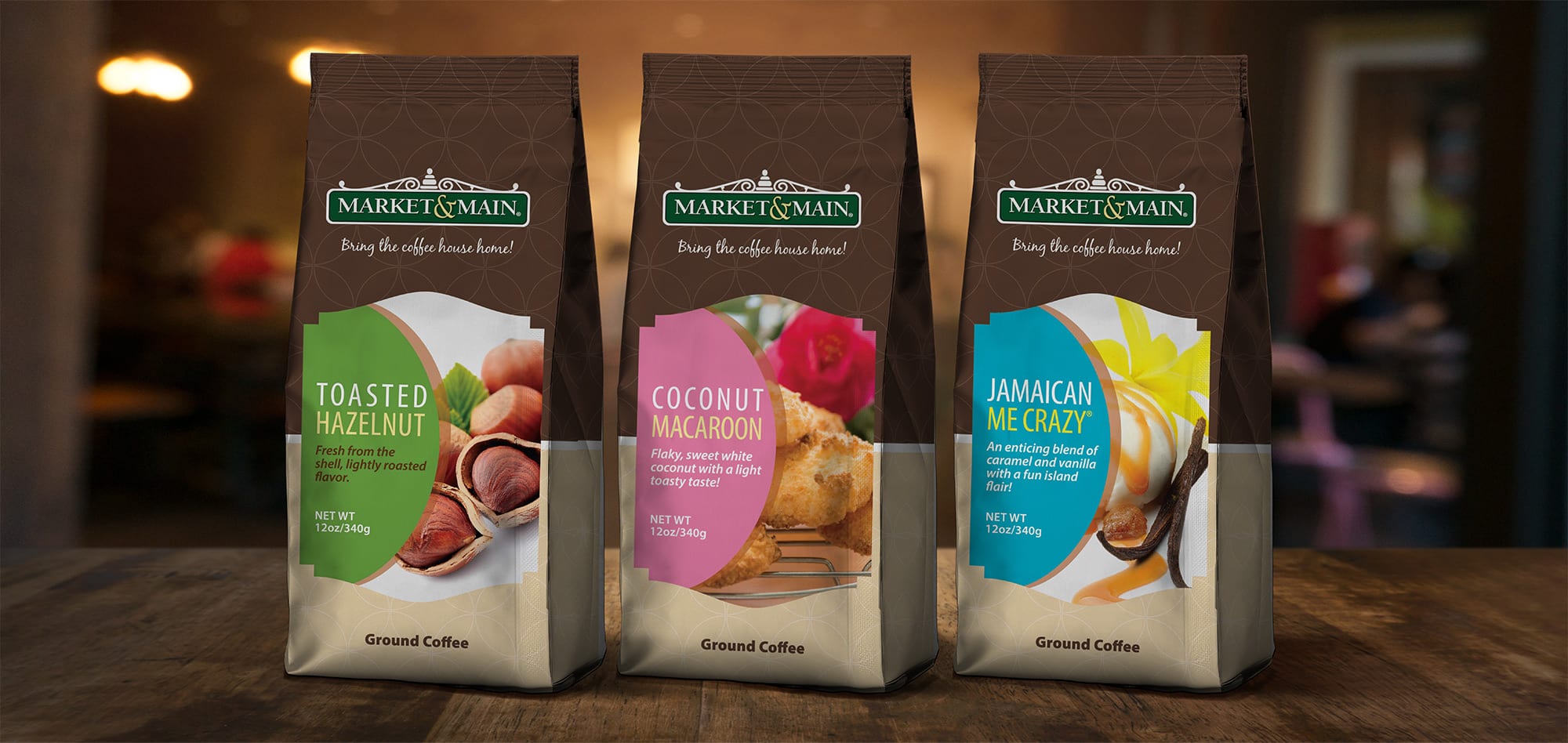 Market and Main Coffee flavors also come in 12 oz. ground coffee bags